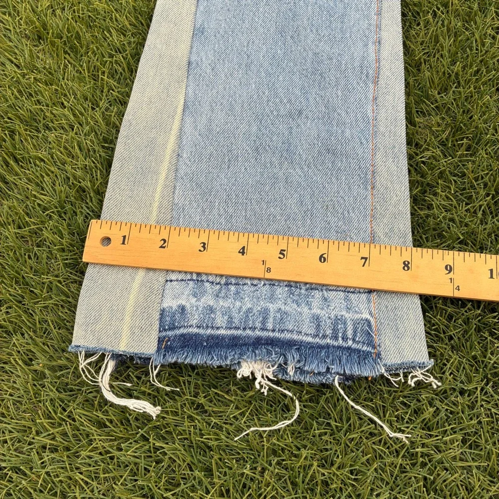 MNML Mens 30x33 Paneled Flare Jeans Light Wash Distressed Blue Cream Streetwear